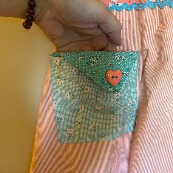 Handmade Peach/Blue Cotton Kitten Print Ruffle Apron Cottage OS - Picture 8 of 16